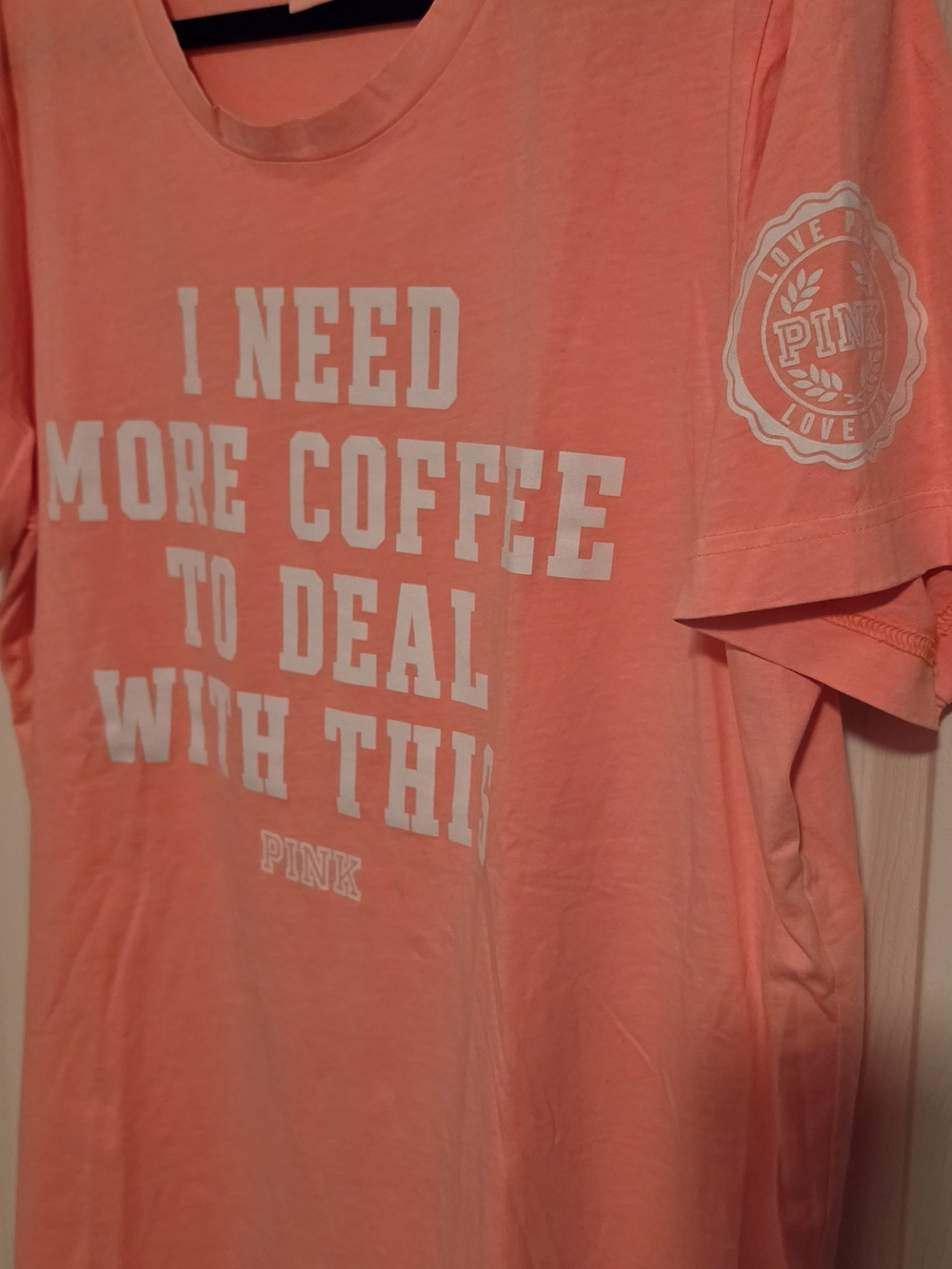 PINK Victoria's Secret Peach Graphic Short-Sleeve Tshirt, Need More Coffee Sz L - Picture 2 of 6